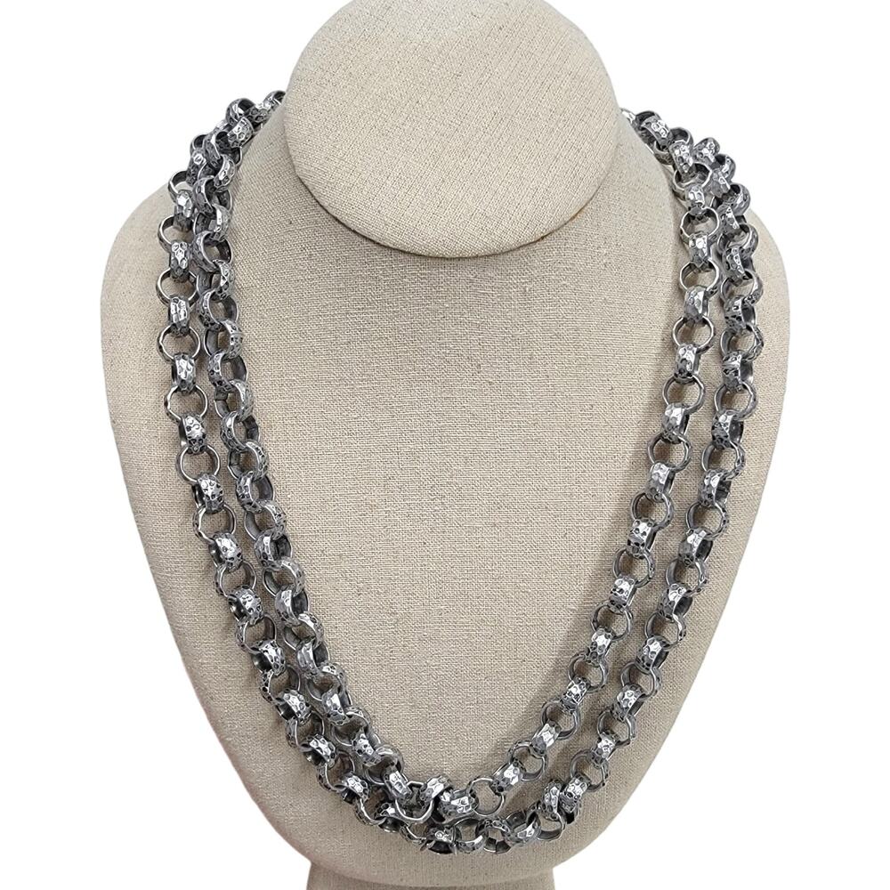 Vintage Chunky Silver Tone Hammered Link Chain Necklace 60" Long Belt Flapper